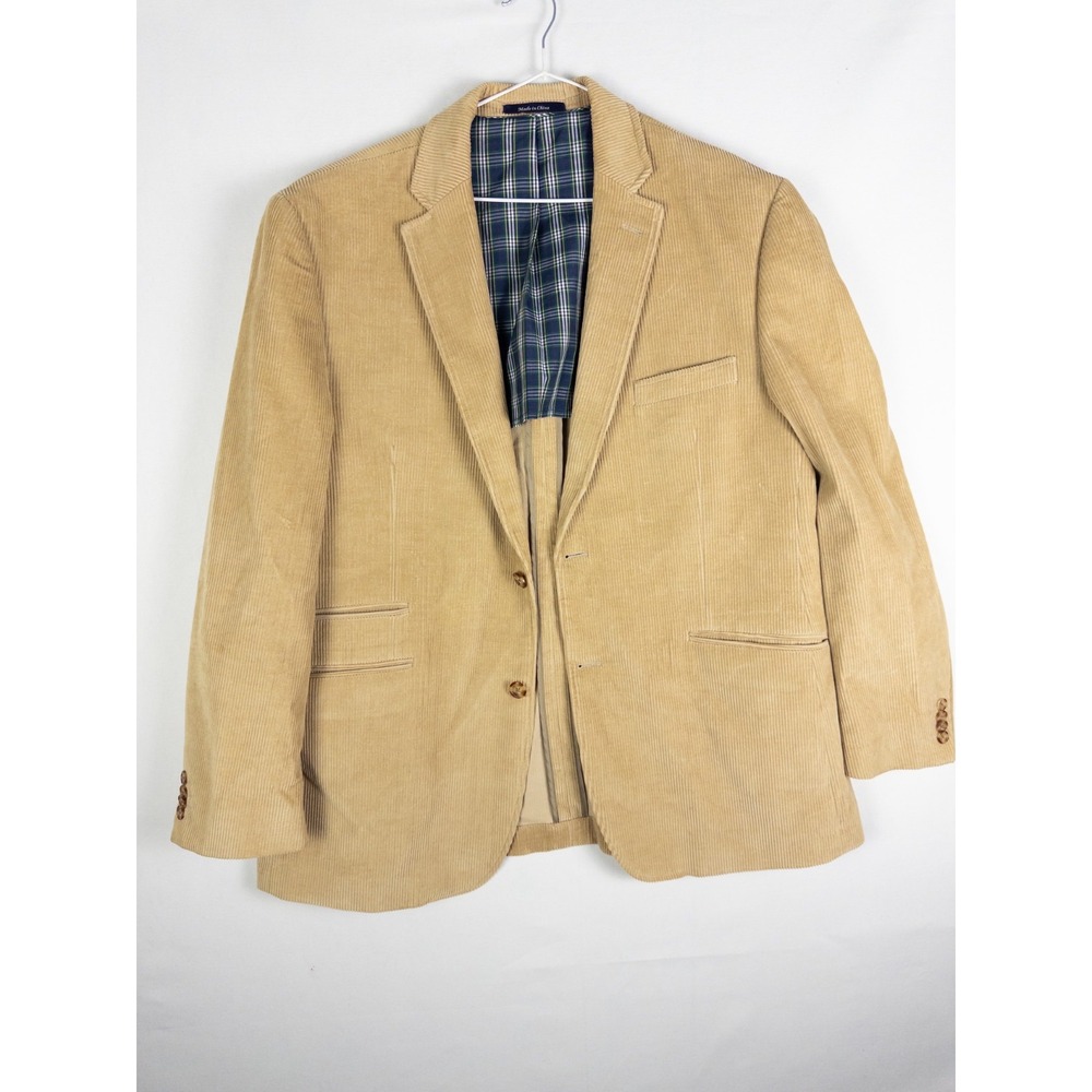 Alan Flusser Mens 46R Tan Corduroy 2 Button Sport Coat Blazer Plaid Lined